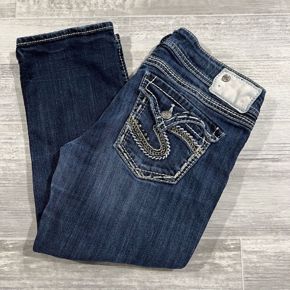 Silver Jeans Women's 27 Blue Flap Capri Denim Pants Thick Stitch Embroidered